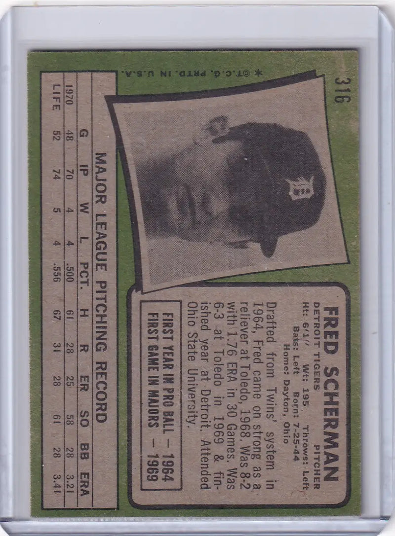 1971 Topps Baseball #316 Fred Scherman - Detroit Tigers RC