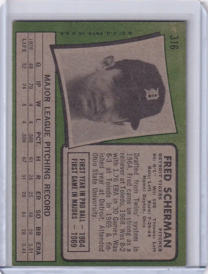 Baseball card of Fred Scherman in a dark cap for Topps Baseball Detroit Tigers RC