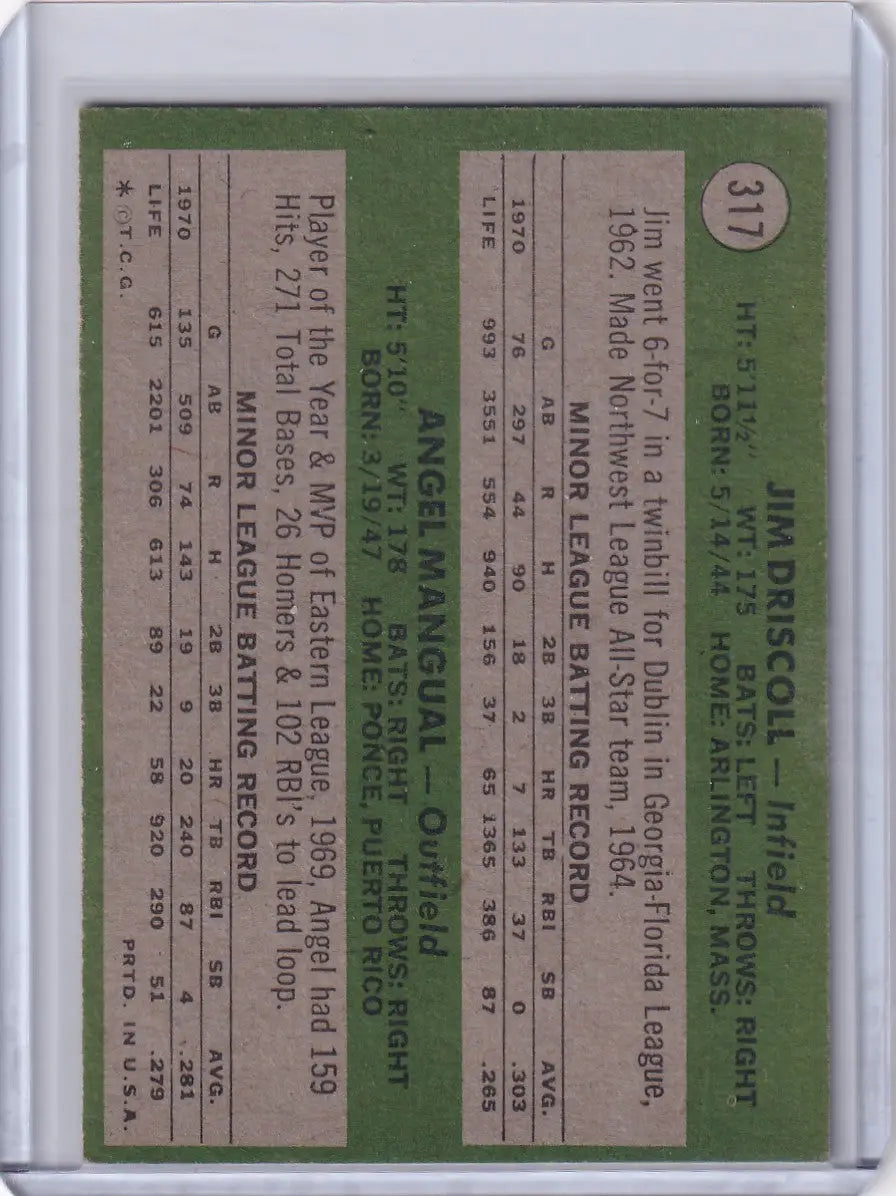 1971 Topps Baseball #317 Athletics Rookies - Jim Driscoll / Angel Mangual RC