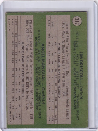 Baseball card of Jim Driscoll and Angel Mangual on a green background for Athletics Rookies