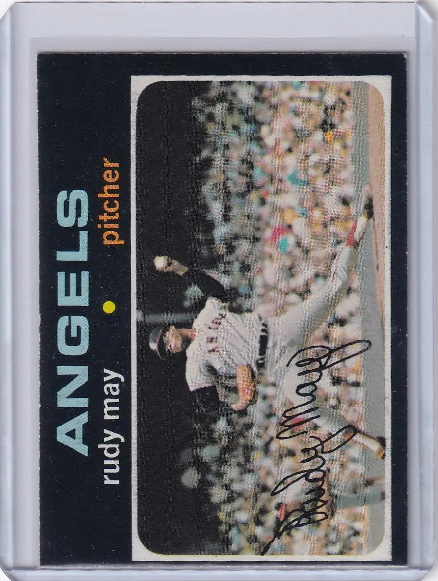 Baseball card of Rudy May in plastic sleeve from 1971 Topps Baseball California Angels