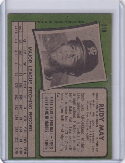 Vintage Topps Baseball card of Rudy May from the California Angels 1971 Topps #318