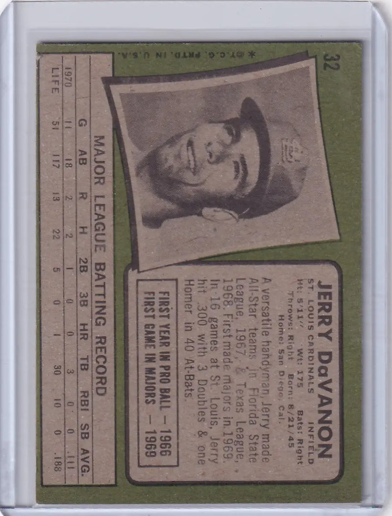 1971 Topps Baseball #32 Jerry DaVanon - St. Louis Cardinals