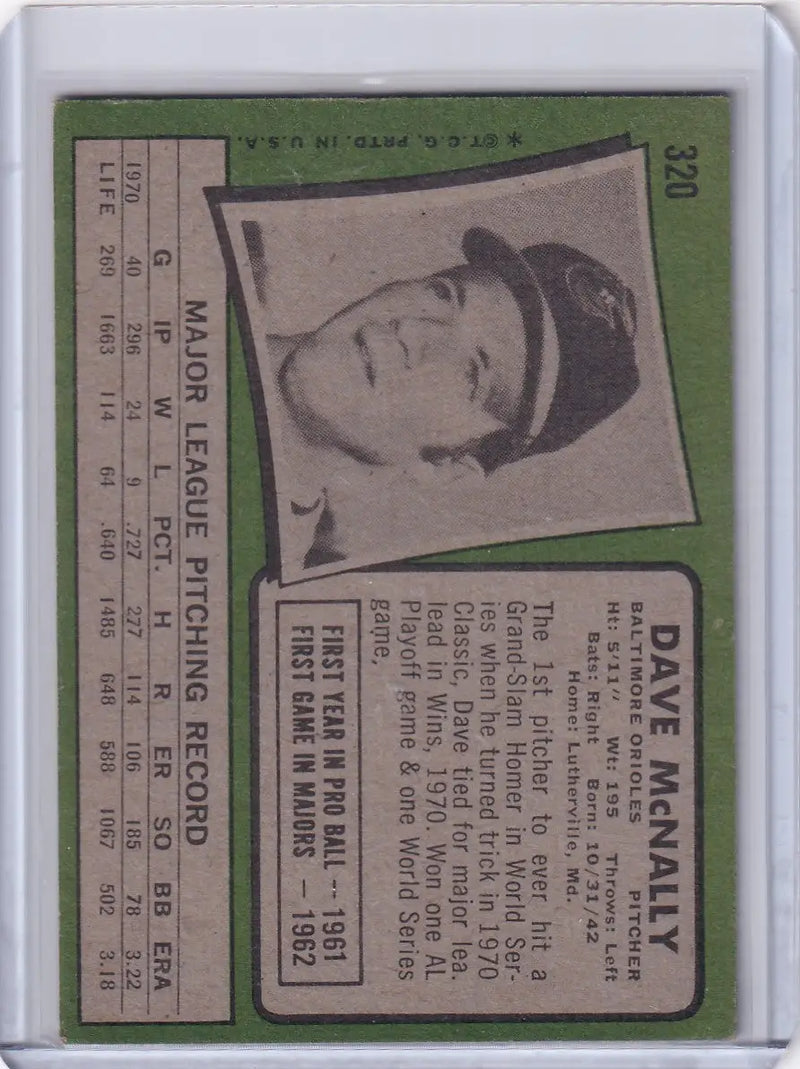 1971 Topps Baseball #320 Dave McNally - Baltimore Orioles