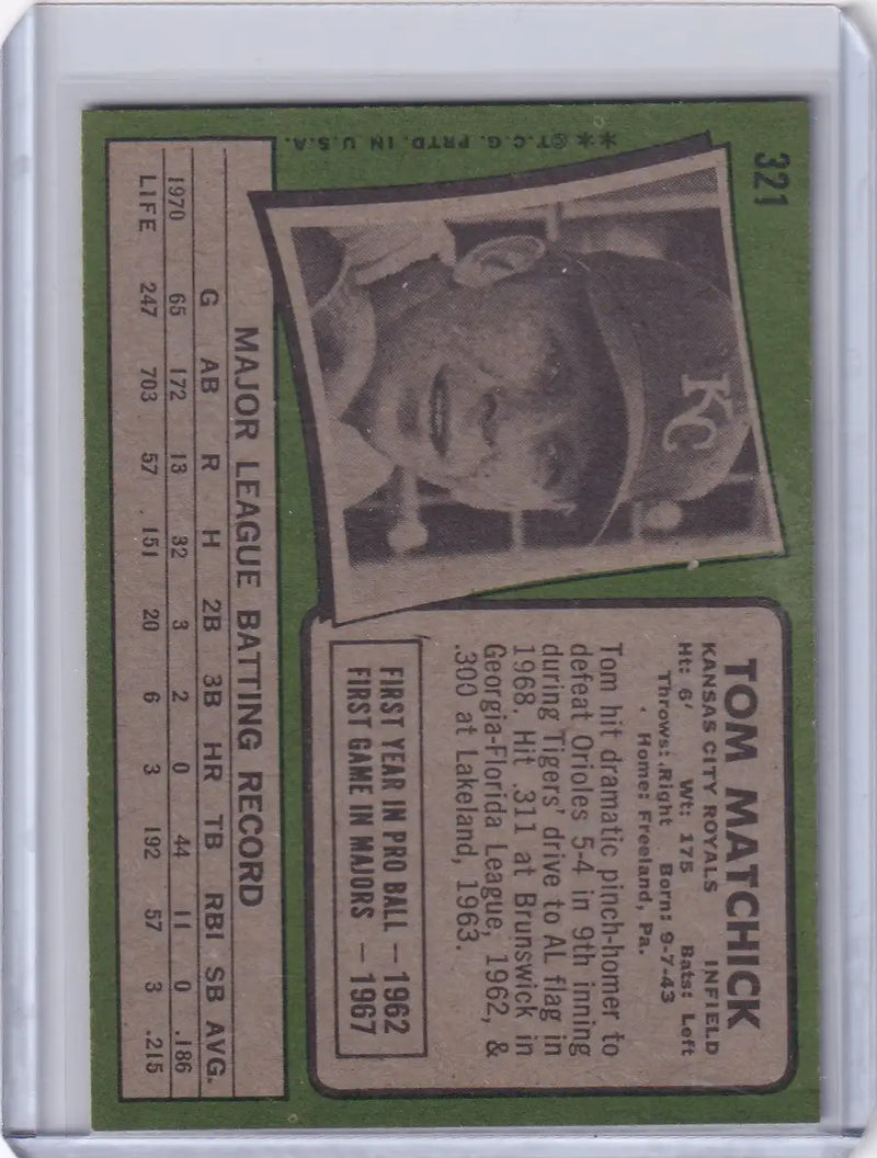 1971 Topps Baseball #321 Tom Matchick - Kansas City Royals