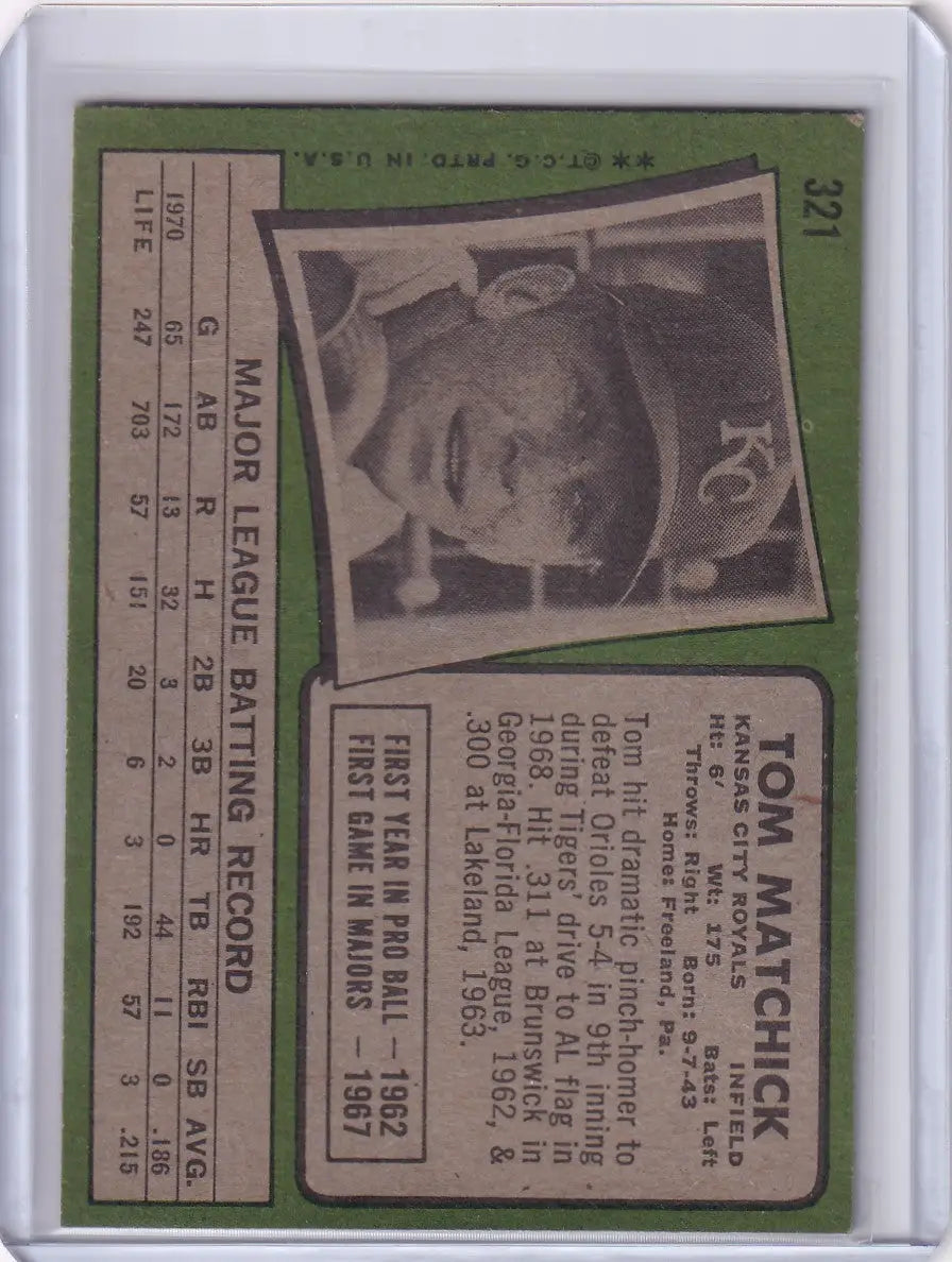 1971 Topps Baseball card of Tom Matchick featuring Kansas City Royals portrait