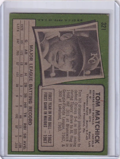 1971 Topps Baseball card of Tom Matchick featuring Kansas City Royals portrait