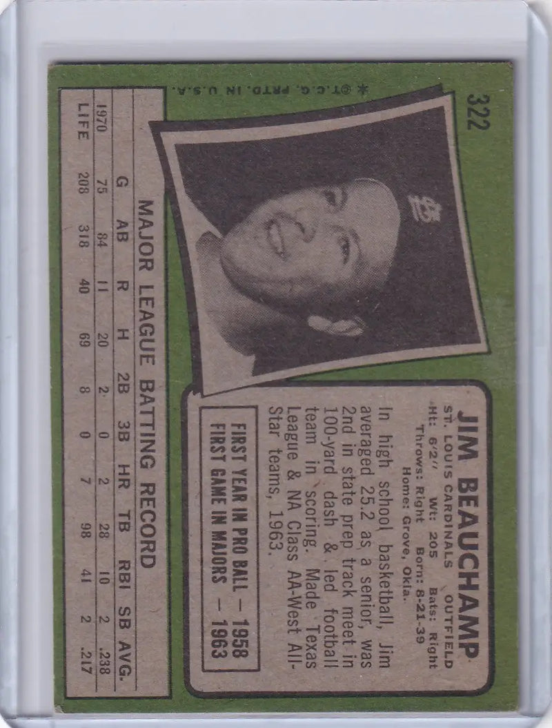 1971 Topps Baseball #322 Jim Beauchamp - St. Louis Cardinals