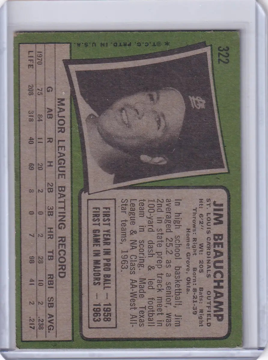 1971 Topps Baseball #322 Jim Beauchamp - St. Louis Cardinals