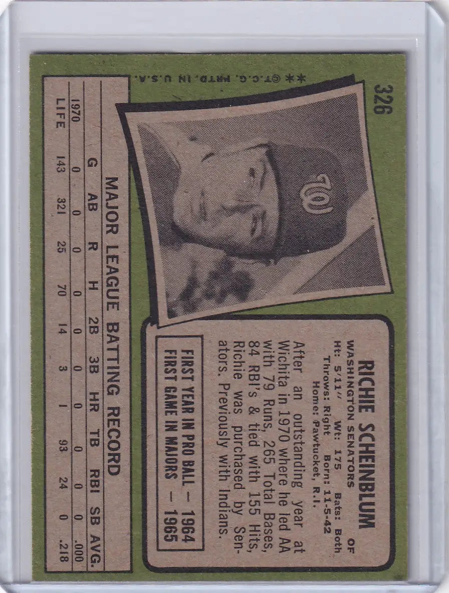 1971 Topps Baseball #326 Richie Scheinblum - Washington Senators