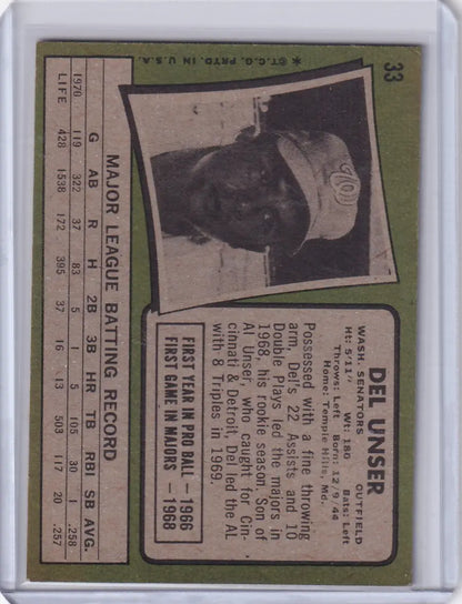 1971 Topps Baseball card of Del Unser from the Washington Senators with player stats