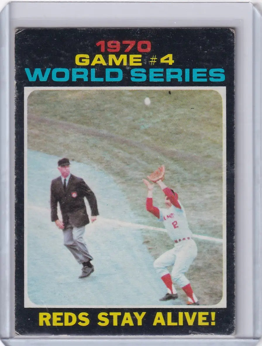1970 Topps Baseball card featuring Reds player catch in World Series Game 4, Reds Stay Alive
