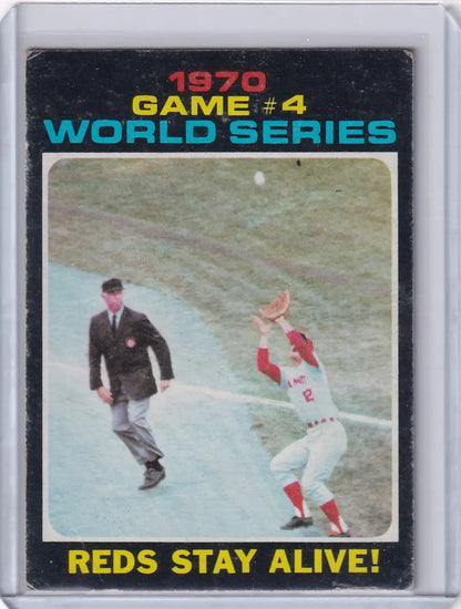 1970 Topps Baseball card featuring Reds player catch in World Series Game 4, Reds Stay Alive