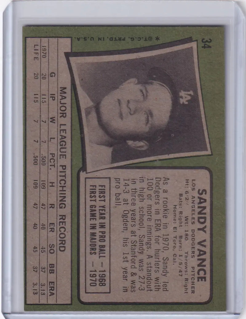 1971 Topps Baseball #34 Sandy Vance - Los Angeles Dodgers RC
