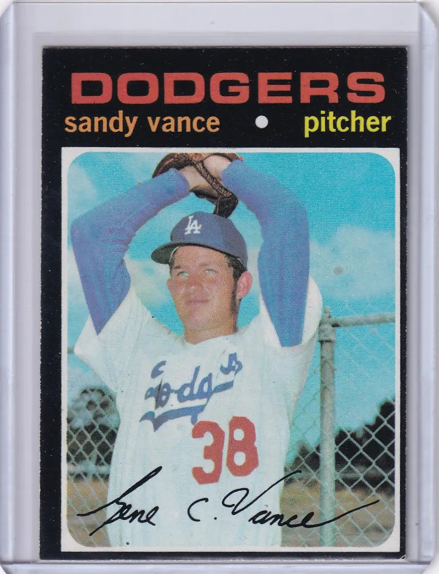 Baseball card of Sandy Vance, Los Angeles Dodgers pitcher in blue cap and white jersey