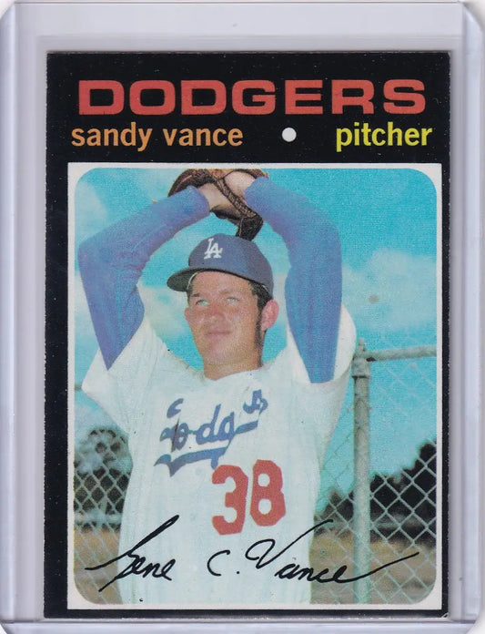 Baseball card of Sandy Vance, Los Angeles Dodgers pitcher in blue cap and white jersey