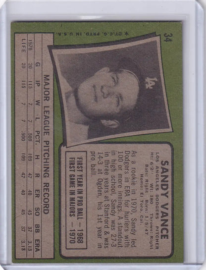 Vintage 1971 Topps Baseball card of Sandy Vance from the Los Angeles Dodgers