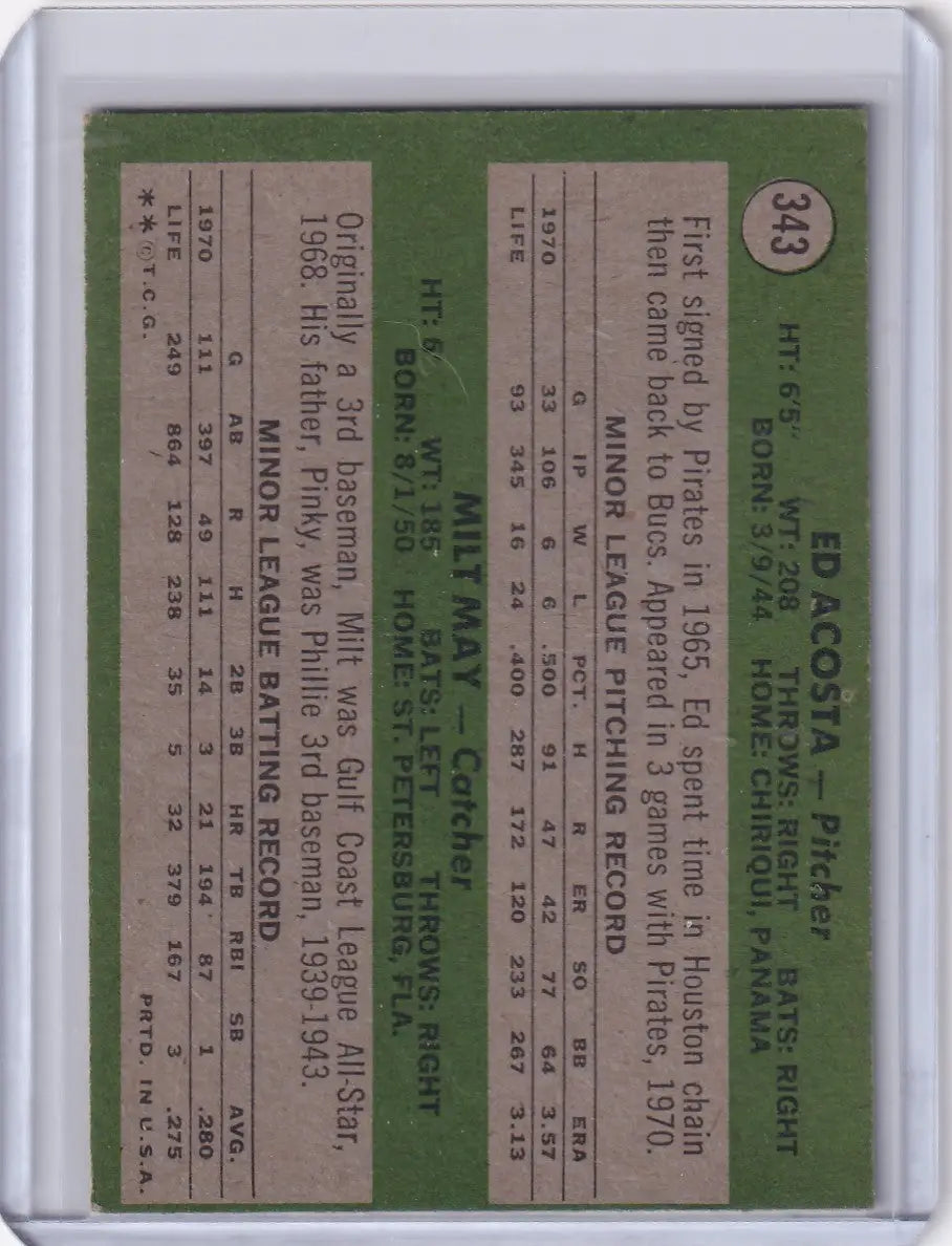 1971 Topps Baseball #343 Pirates Rookies - Ed Acosta / Milt May RC