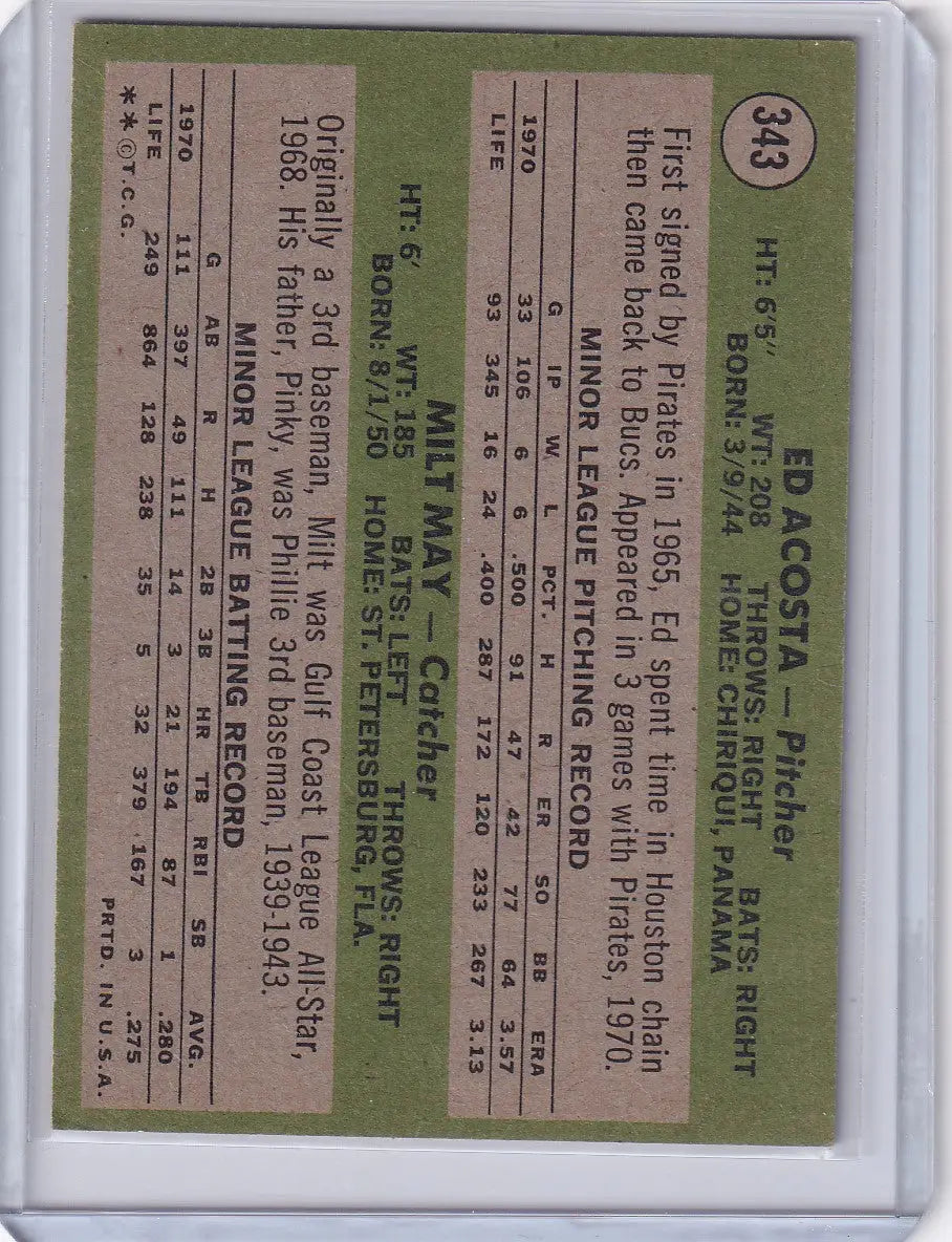 1971 Topps Baseball #343 Pirates Rookies - Ed Acosta / Milt May RC