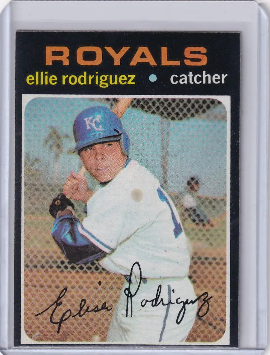 Baseball card of Ellie Rodriguez, Kansas City Royals catcher in batting stance, Topps Baseball