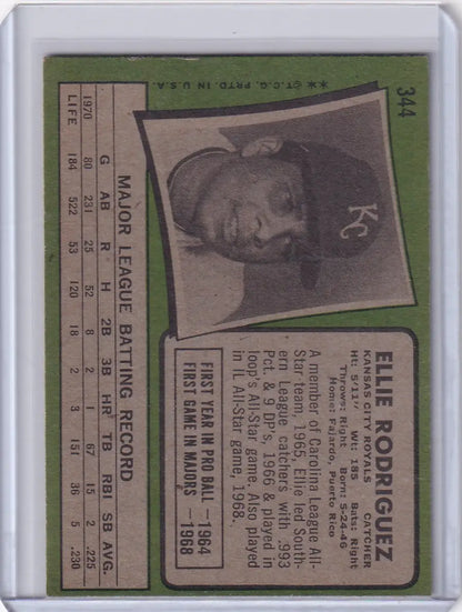 Vintage 1971 Topps Baseball card of Ellie Rodriguez, Kansas City Royals player