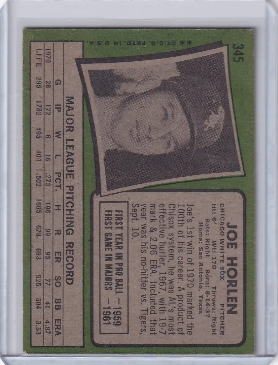 1971 Topps Baseball #345 Joe Horlen - Chicago White Sox