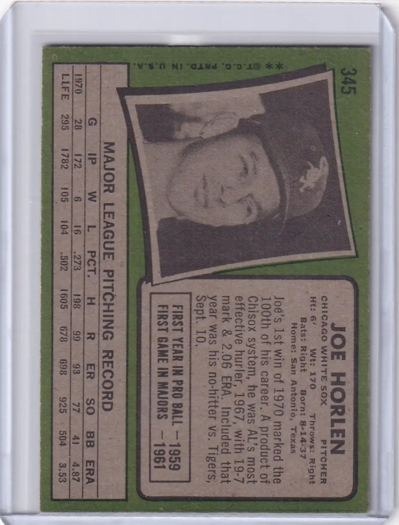 1971 Topps Baseball #345 Joe Horlen - Chicago White Sox