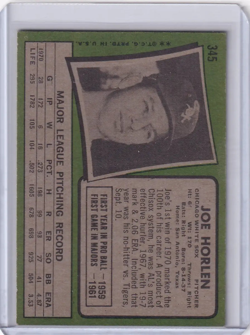 1971 Topps Baseball #345 Joe Horlen - Chicago White Sox