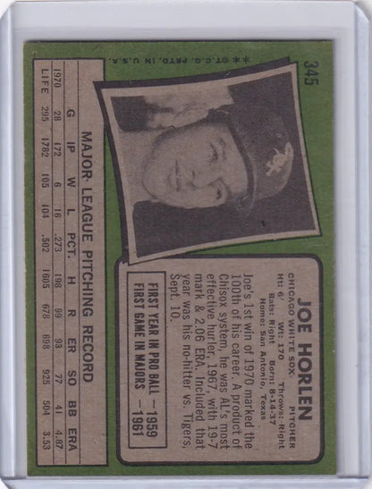 Baseball card of Joe Horlen on green background from Topps Baseball - Chicago White Sox
