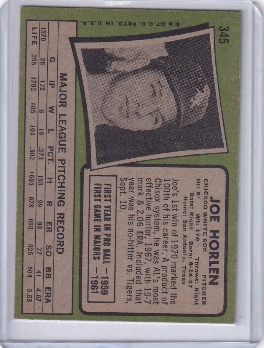 1971 Topps Baseball #345 Joe Horlen - Chicago White Sox