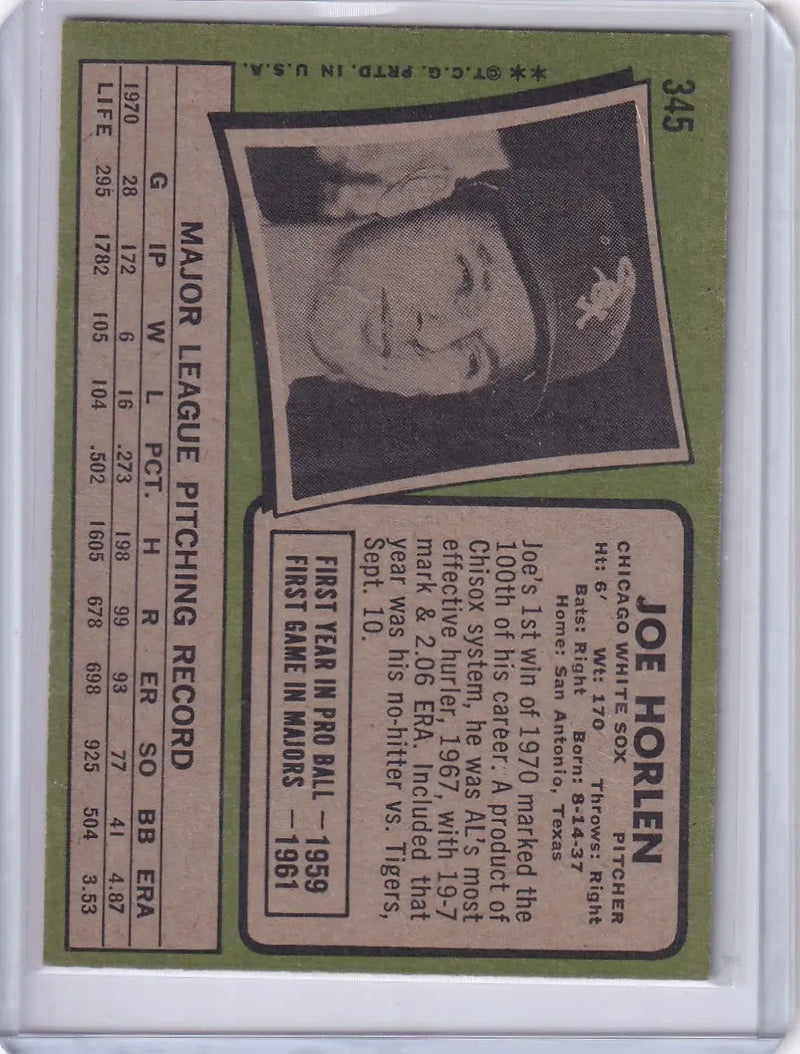 1971 Topps Baseball #345 Joe Horlen - Chicago White Sox