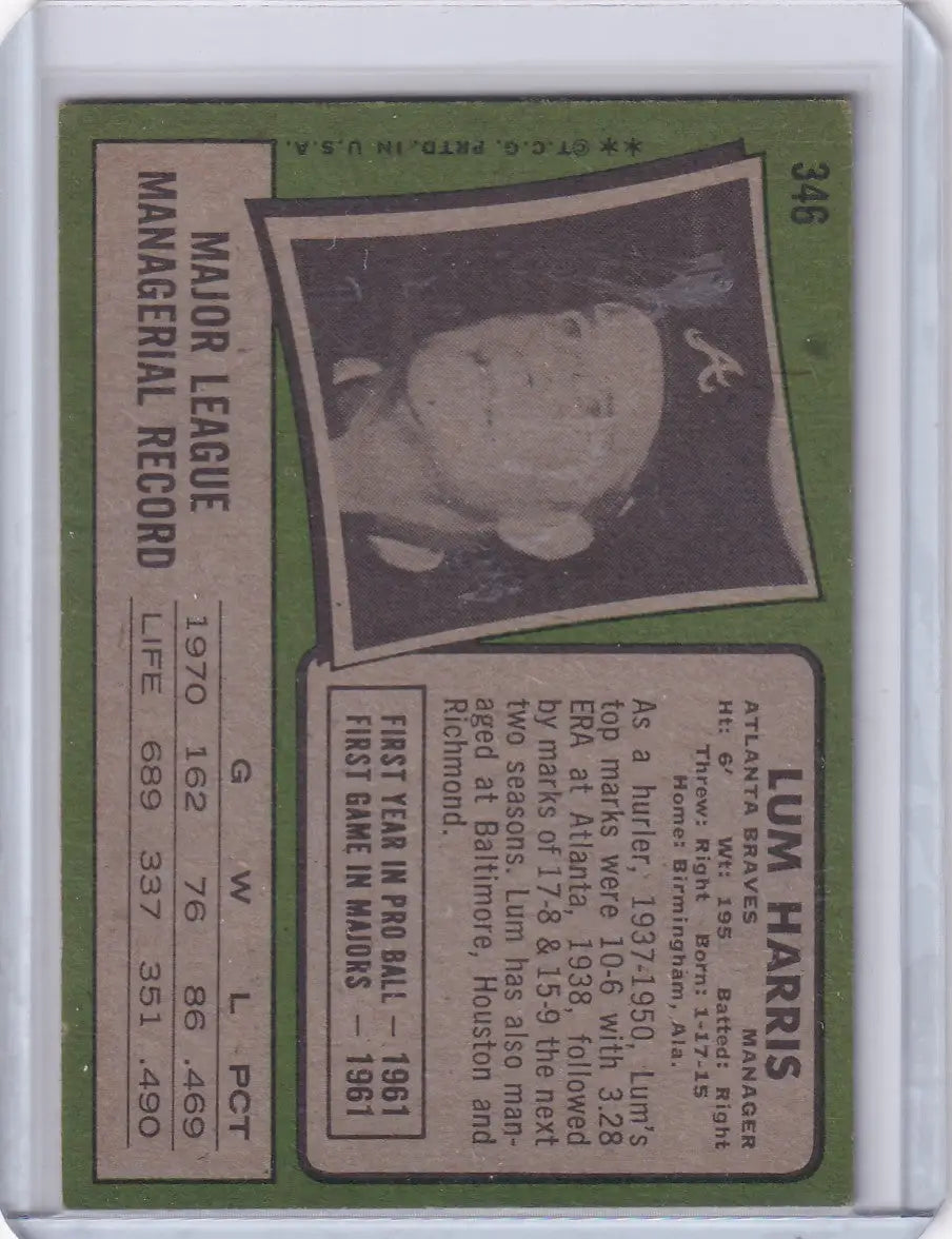 1971 Topps Baseball #346 Lum Harris - Atlanta Braves