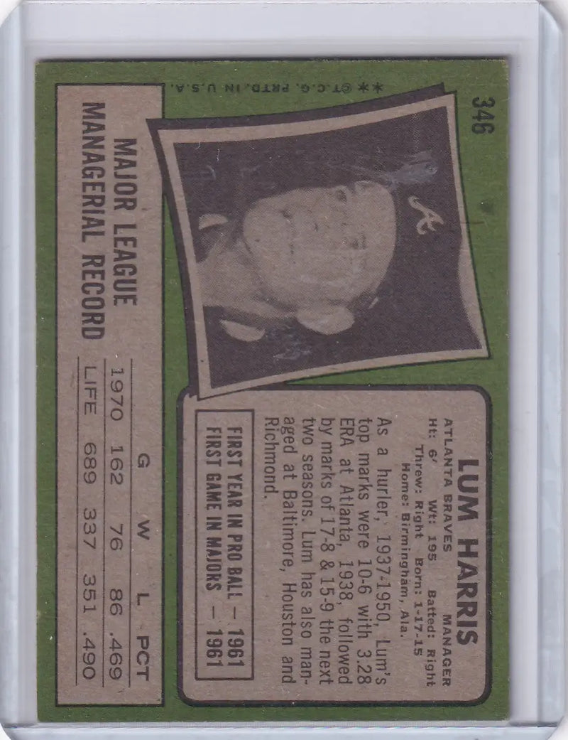 1971 Topps Baseball #346 Lum Harris - Atlanta Braves