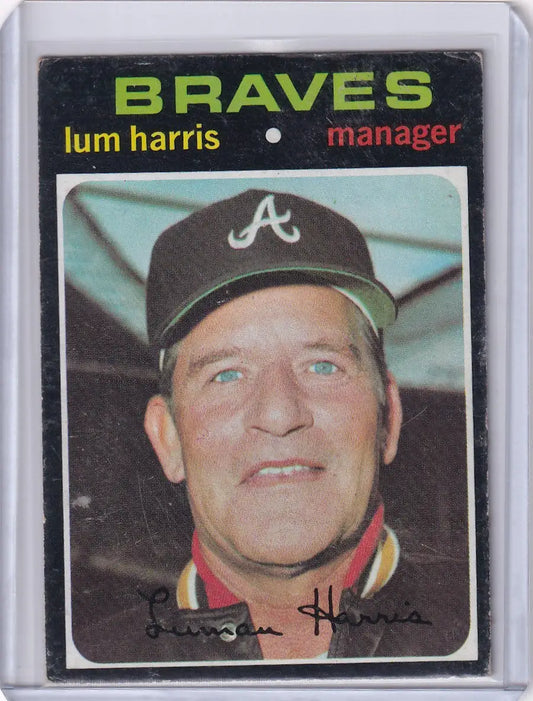 1971 Topps Baseball card of Lum Harris, Atlanta Braves manager in cap