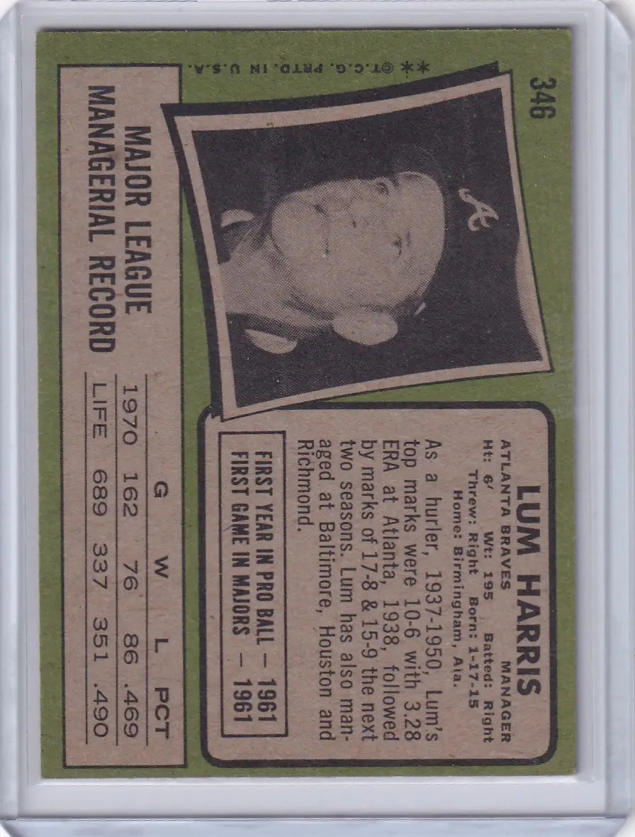 1971 Topps Baseball #346 Lum Harris - Atlanta Braves
