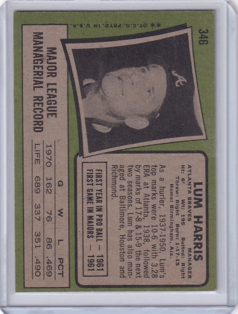1971 Topps Baseball #346 Lum Harris - Atlanta Braves