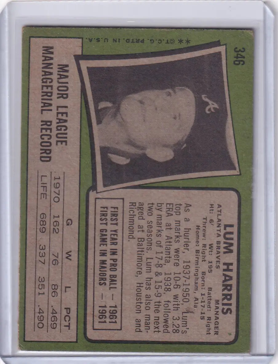 Vintage Topps Baseball card of Lum Harris with Atlanta Braves on green background