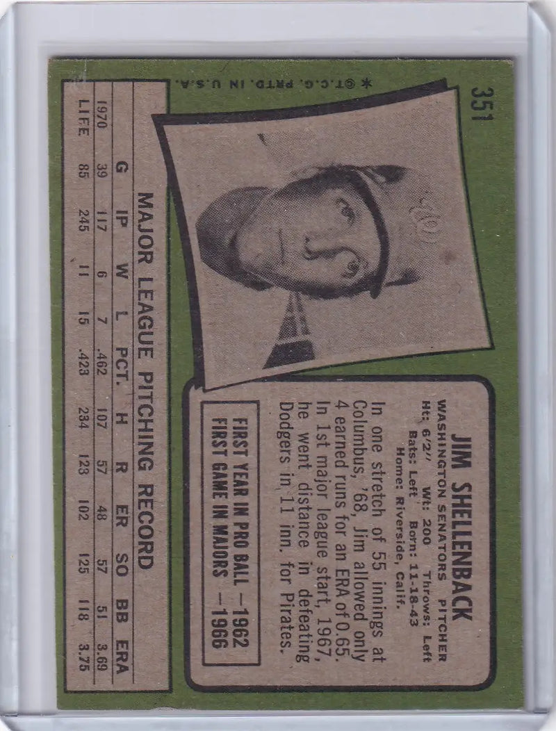 1971 Topps Baseball #351 Jim Shellenback - Washington Senators