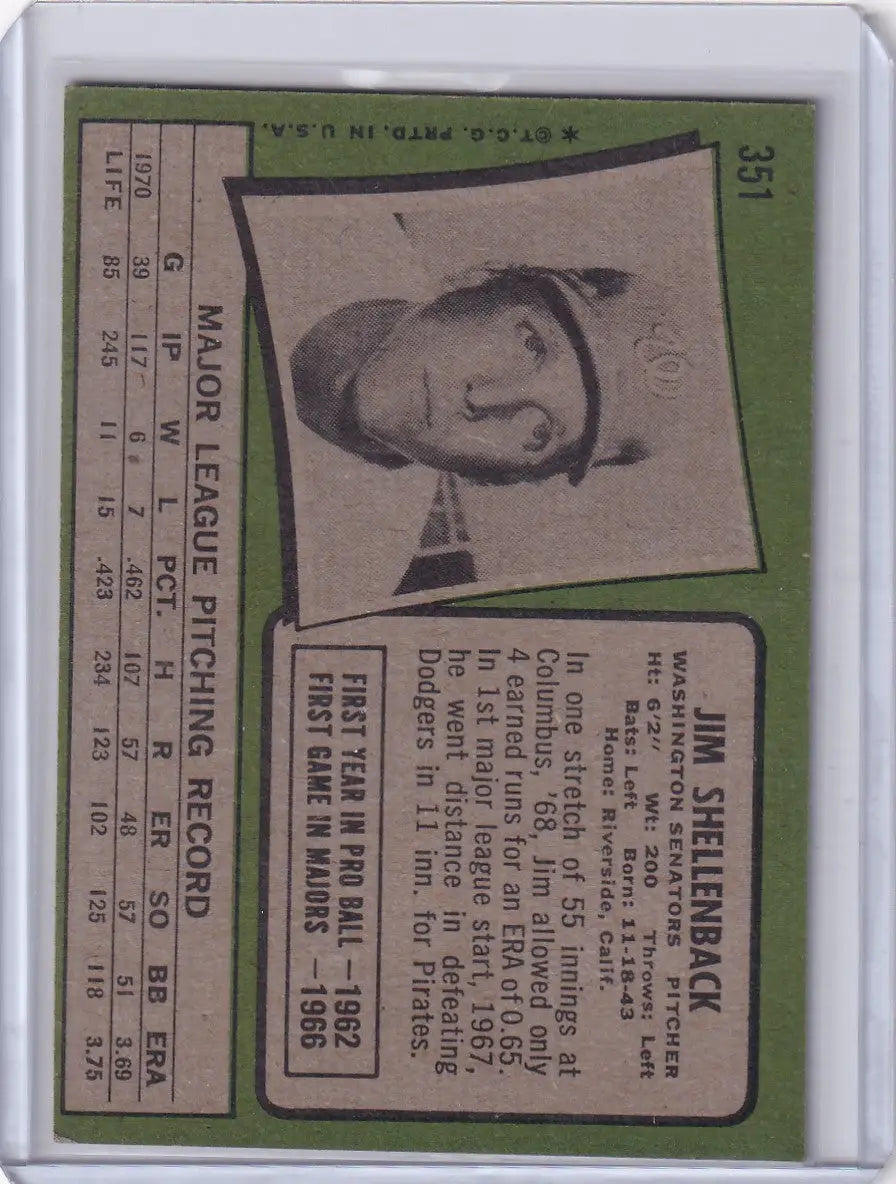 1971 Topps Baseball #351 Jim Shellenback - Washington Senators