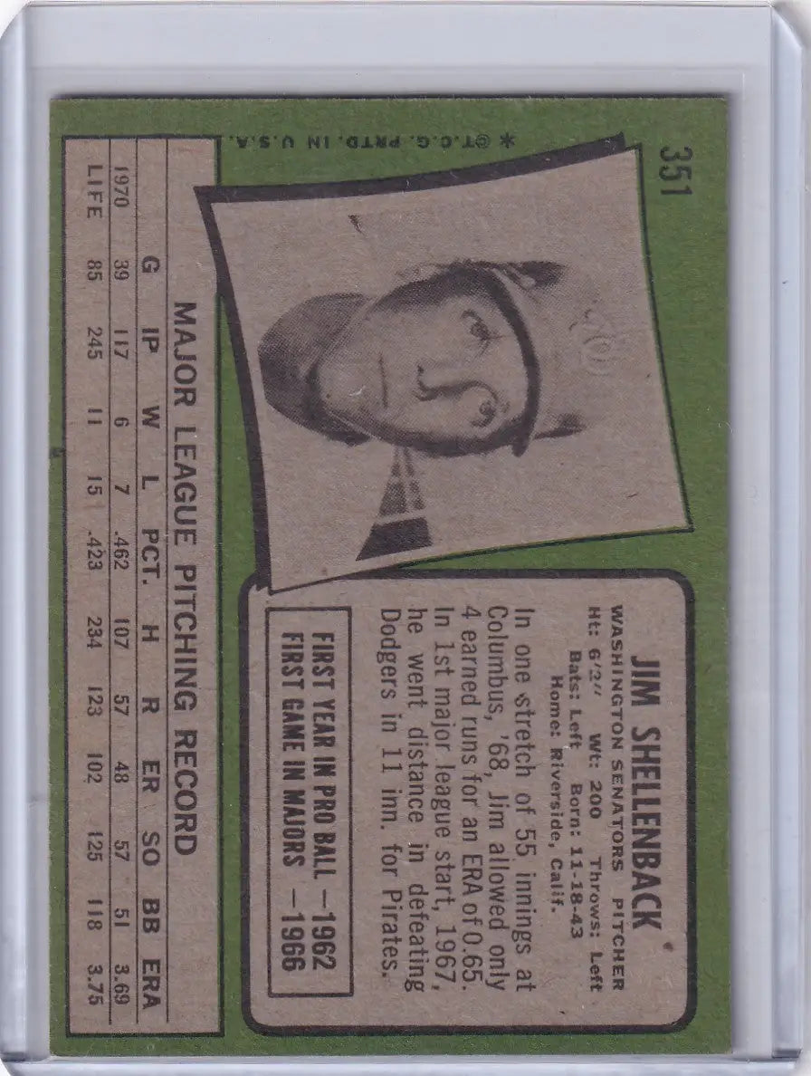 1971 Topps Baseball #351 Jim Shellenback - Washington Senators