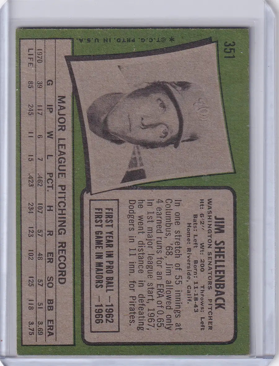 Baseball card of Jim Shellenback from Topps Baseball featuring the Washington Senators