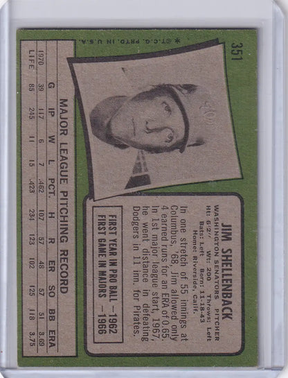Baseball card of Jim Shellenback from Topps Baseball featuring the Washington Senators