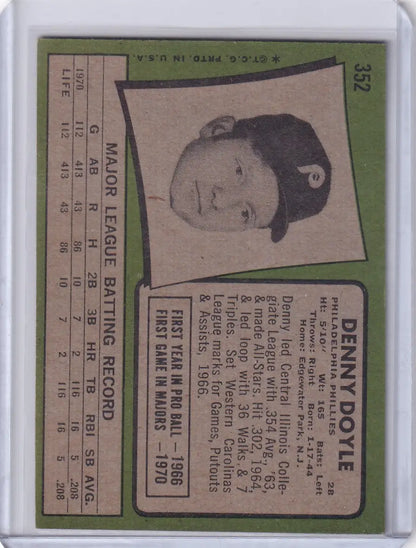 Topps baseball card of Denny Doyle, Philadelphia Phillies player in black and white