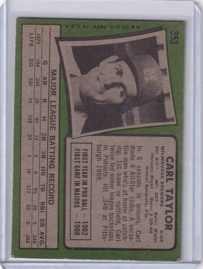 Vintage 1971 Topps Baseball card of Carl Taylor, Milwaukee Brewers on green background