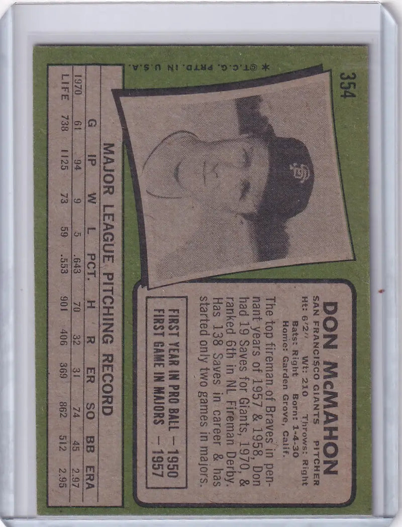 1971 Topps Baseball #354 Don McMahon - San Francisco Giants