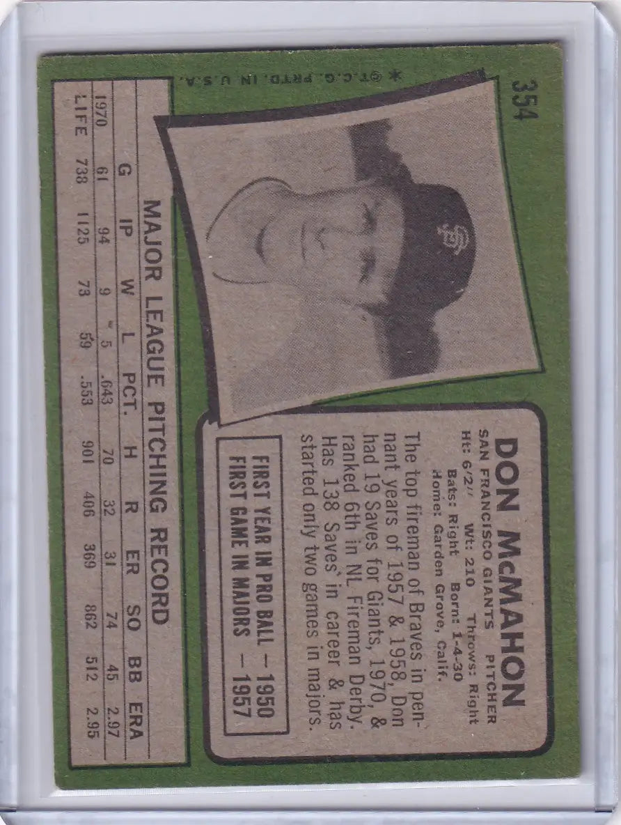 1971 Topps Baseball #354 Don McMahon - San Francisco Giants