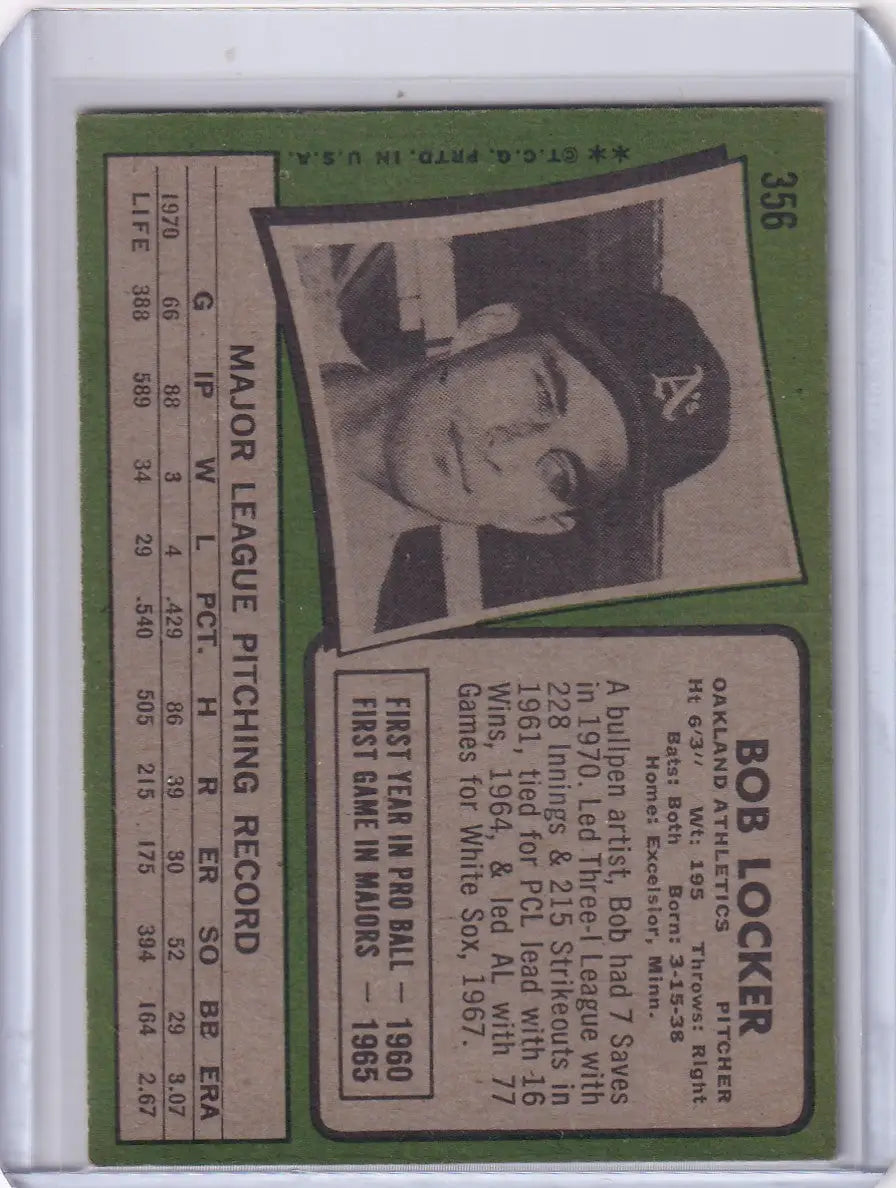 1971 Topps Baseball #356 Bob Locker - Oakland Athletics