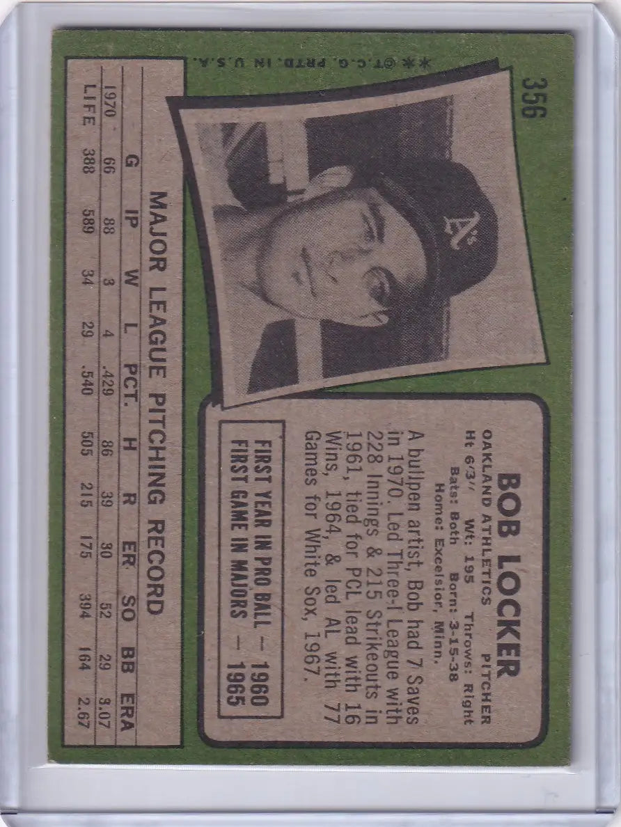 1971 Topps Baseball #356 Bob Locker - Oakland Athletics