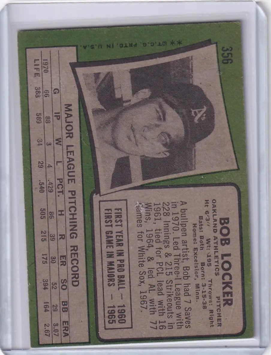 1971 Topps Baseball #356 Bob Locker - Oakland Athletics