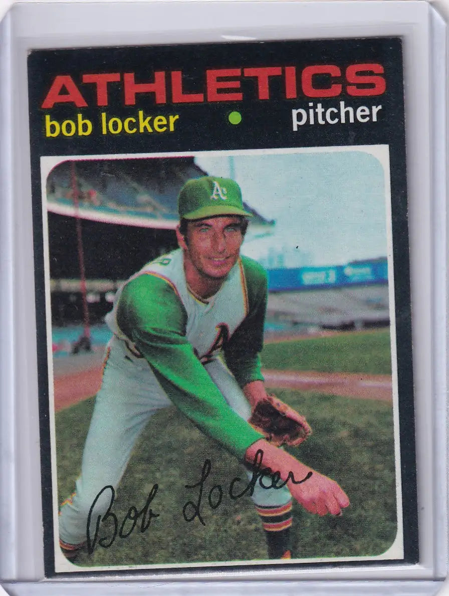 1971 Topps Baseball card of Bob Locker in Oakland Athletics green uniform and cap